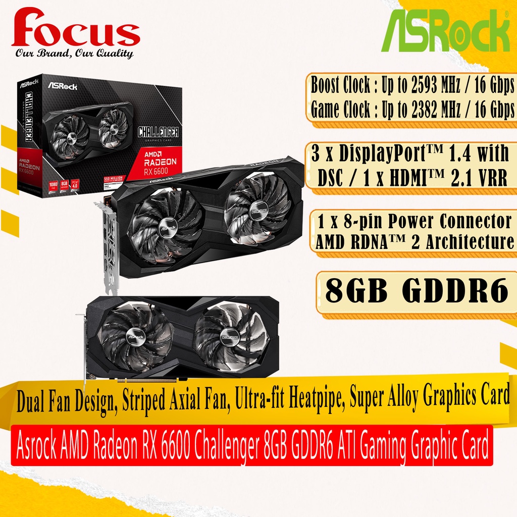 Asrock AMD Radeon RX 6600 Challenger 8GB GDDR6 ATI Gaming Graphic Card ...