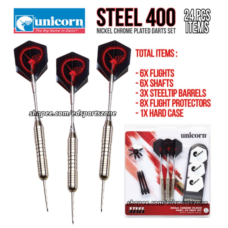 Unicorn High-Quality, Recreational Steel 400 Dart Set Includes Tips,  Barrels, Shafts, Flights, and Flight Protectors 