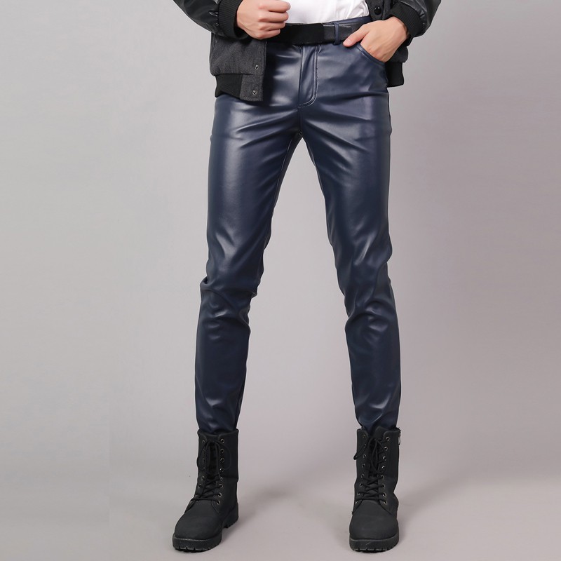  Men Leather Pants Skinny Fit PU Leather Trousers