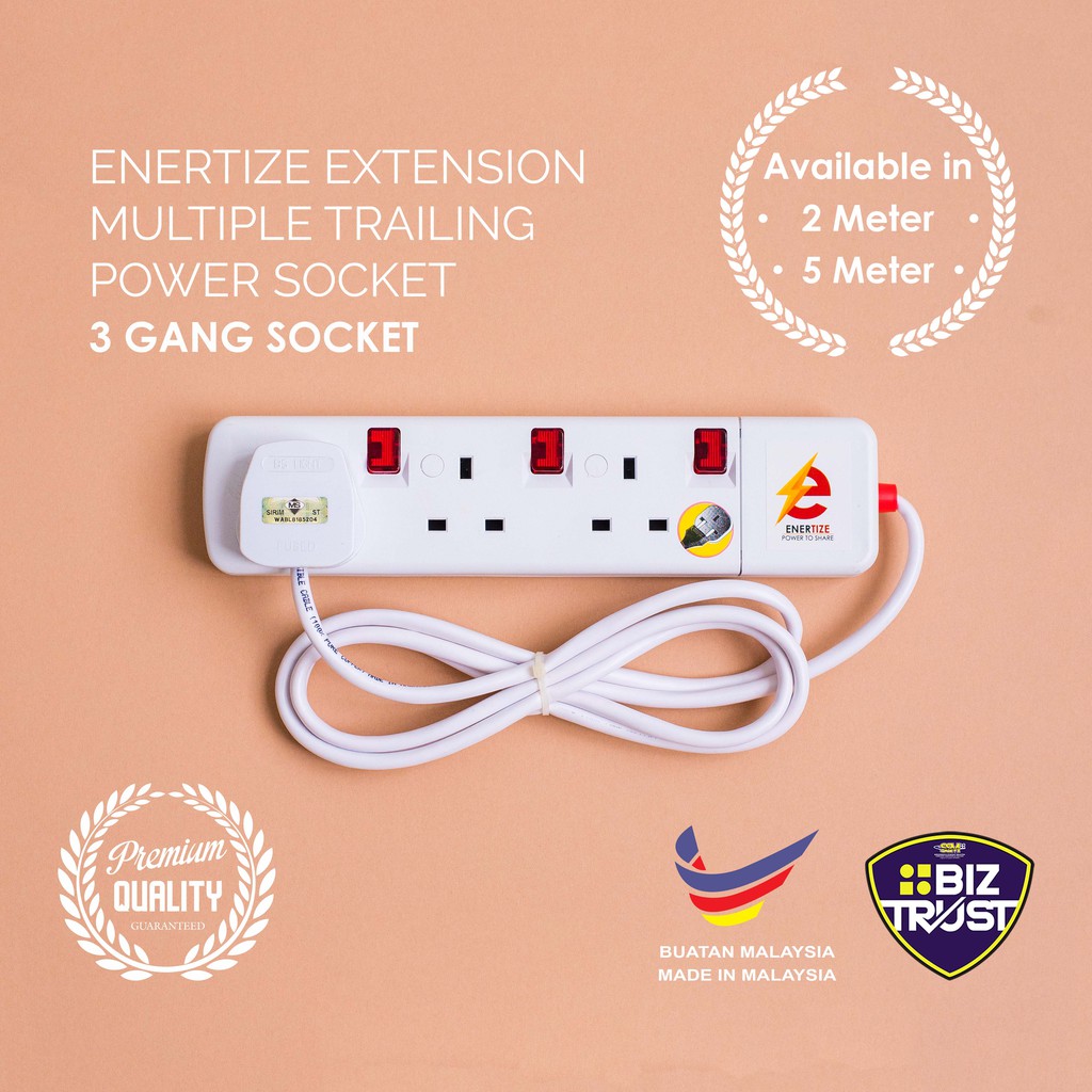 Enertize Extension Multiple Trailing Power Socket: 3 Gang Socket with 2 ...