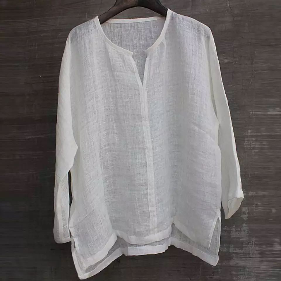 Vintage Cotton Linen Solid Long Sleeve Shirt