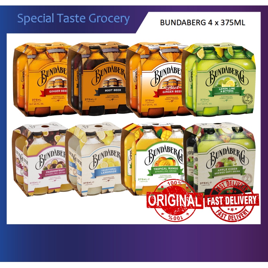 Free Shipping Bundaberg 4x375ml Ginger Beer/Root Beer/Lemon Lime