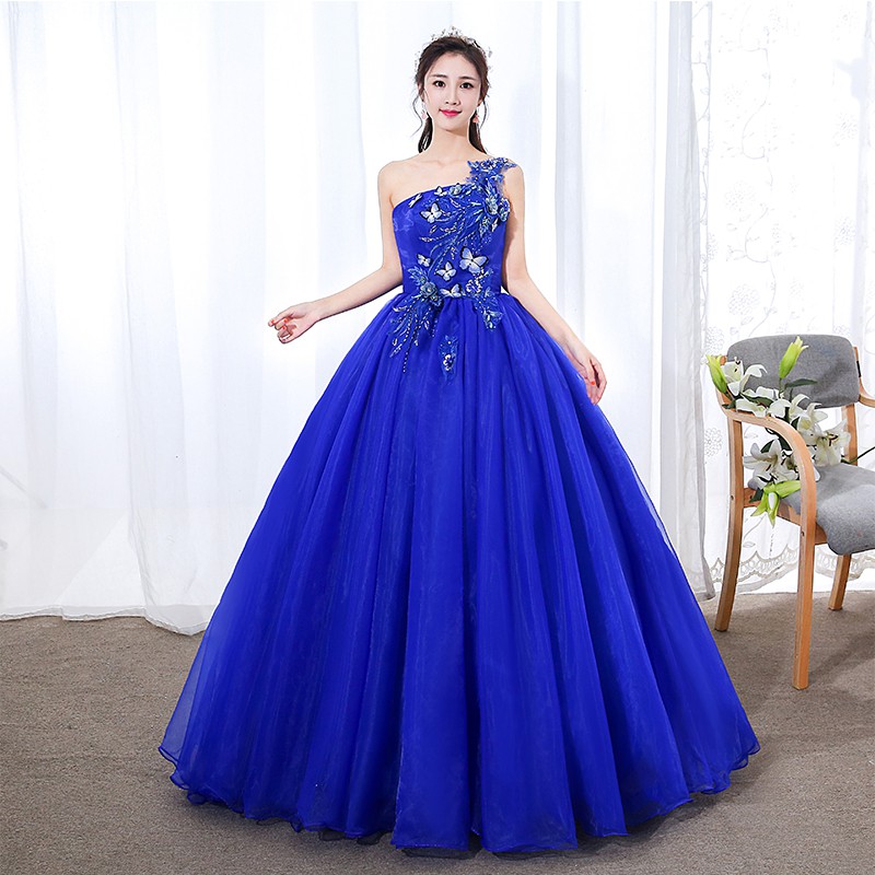 S 3XL Single Off Shoulder Royal Blue Fairy Cinderella Pre Wedding Bridal Party Dinner Puffy Maxi Dress Gown 8