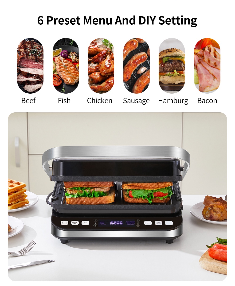 BioloMix Non-Stick Stainless Steel Electric Home Contact Grill Griddle ...