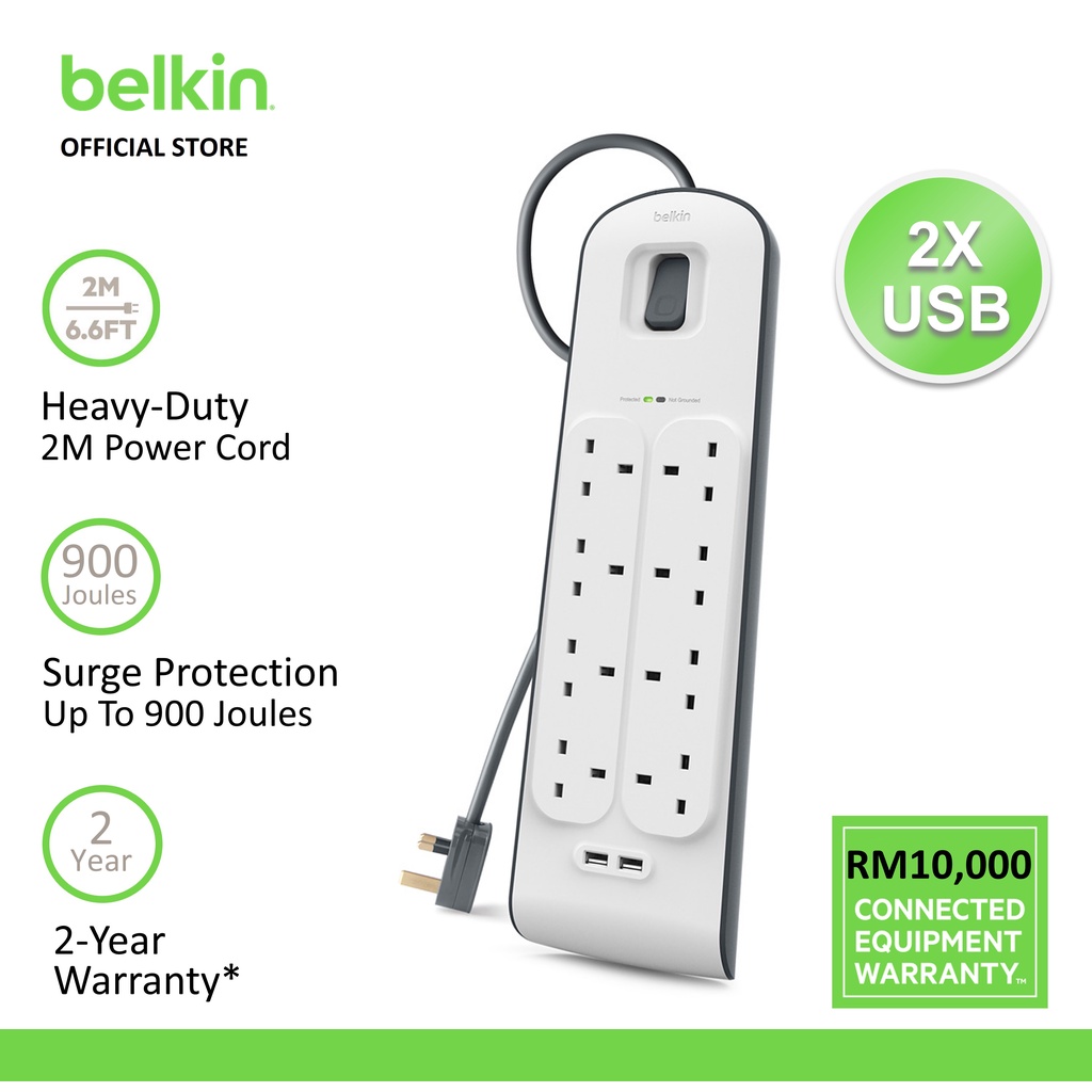 Belkin 8-Outlet Surge Protector Power Strip, Wall-Mountable with 8 AC  Outlets, 2M Power Cord, & Green Indicator Light - 2 USB-C Ports w/USB-C PD  Fast