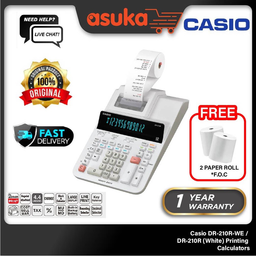 [FOC 2 Paper Roll] Casio DR210RWE / DR210R (White) Printing