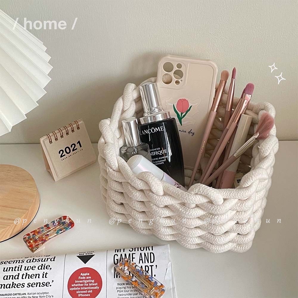 Ins wind white hand-knitted coarse cotton thread storage box simple ...