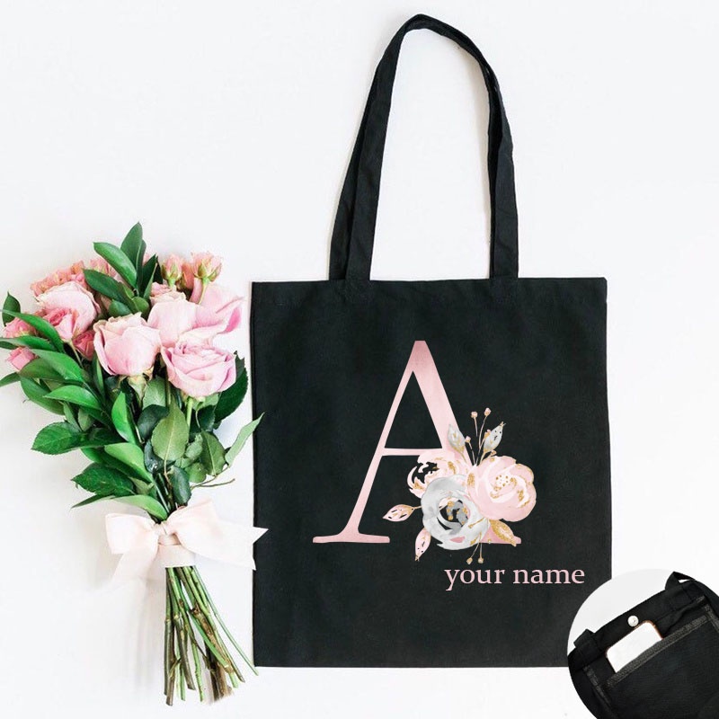 Free Add Name A-Z Floral Letters Pattern Ladies Handbags Canvas Tote ...