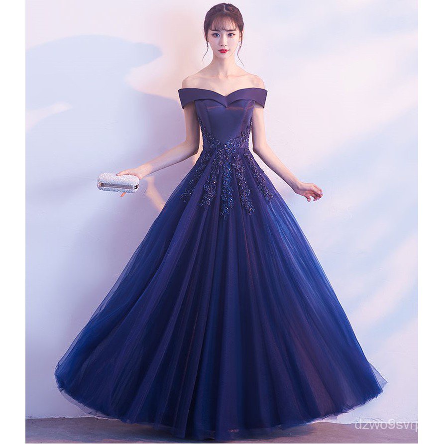 Navy blue off shoulder cheap gown