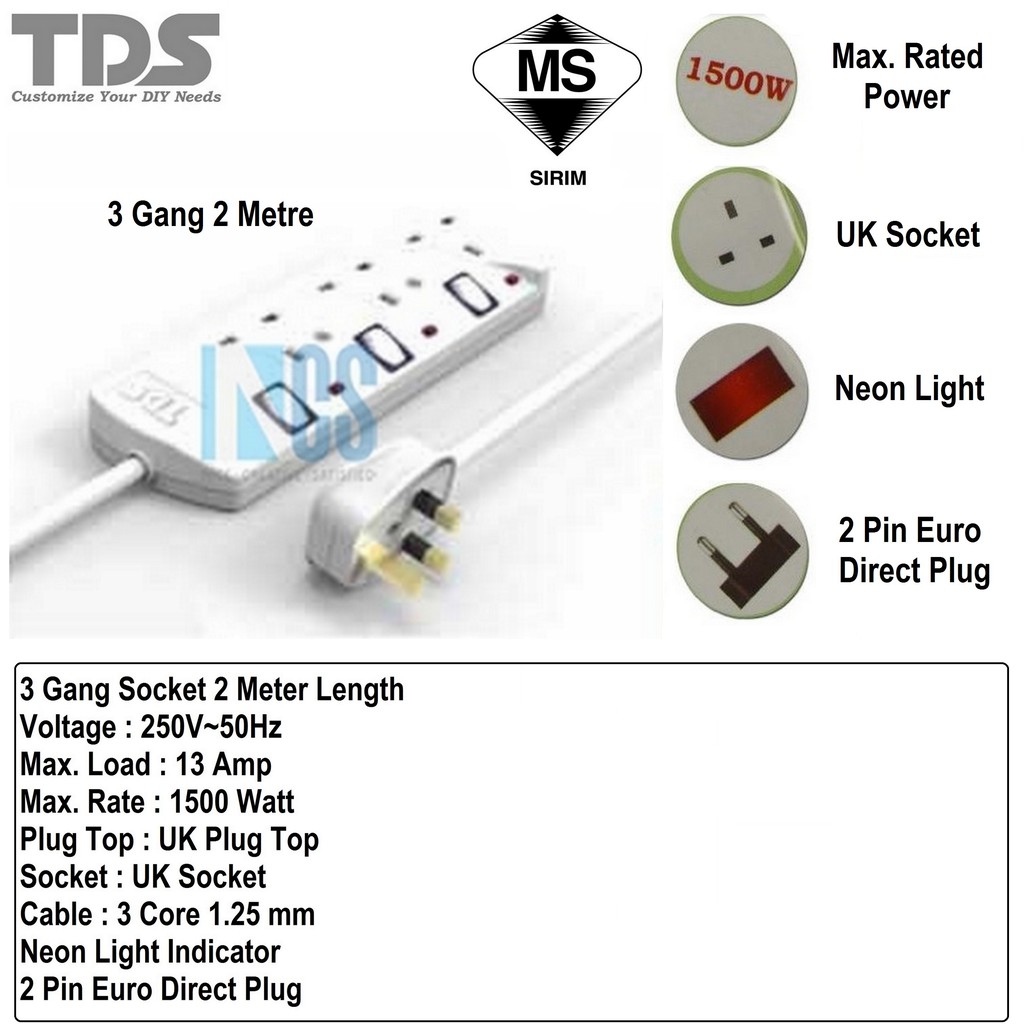 TDS Trailing Socket Extension Socket 3 Gang 2M/5M - TS-S713 | Shopee ...
