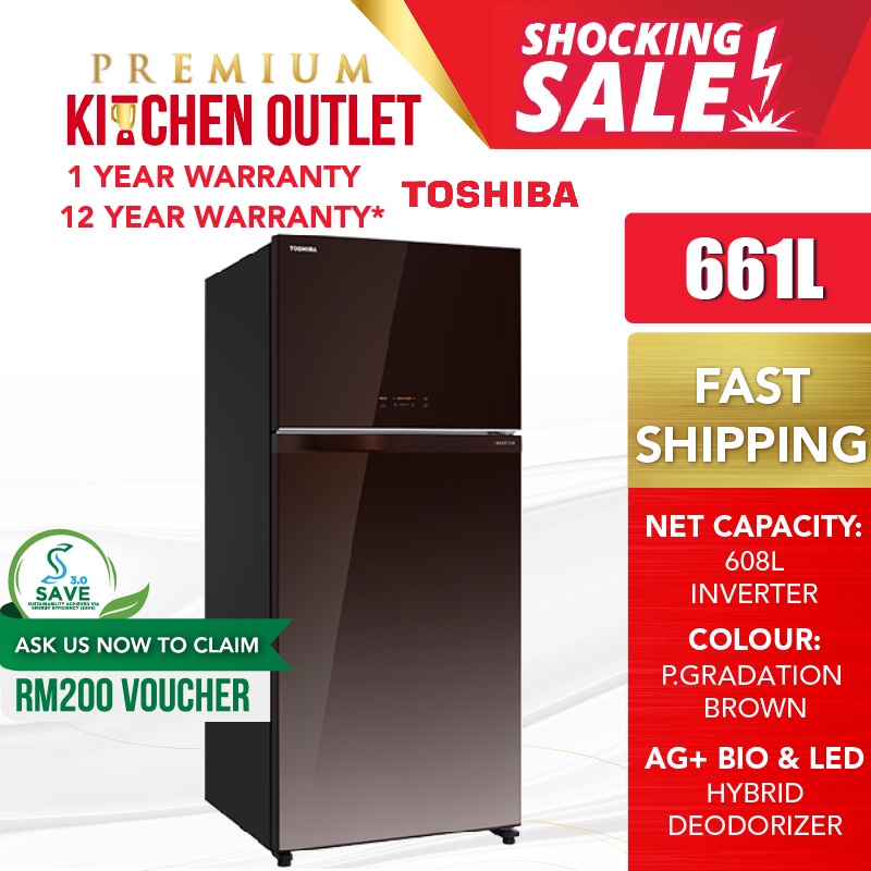 Toshiba 661L Inverter 2 Glass Door Refrigerator Auto Ice Maker GR