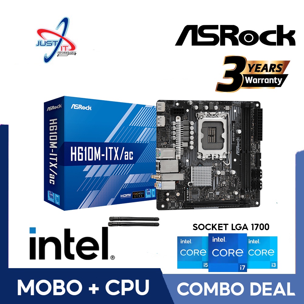 ASROCK H610M-ITX/AC LGA1700 Mainboard Combo Deal Intel I3-12100 / I3-12100F  / I3-13100 / I3-13100F / I5-12400 / 12400F