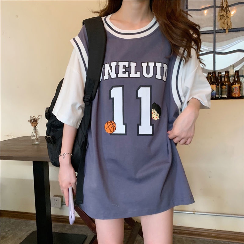 Women T Shirt Basketball Jersey Fashion Splicing Fake Two Pieces