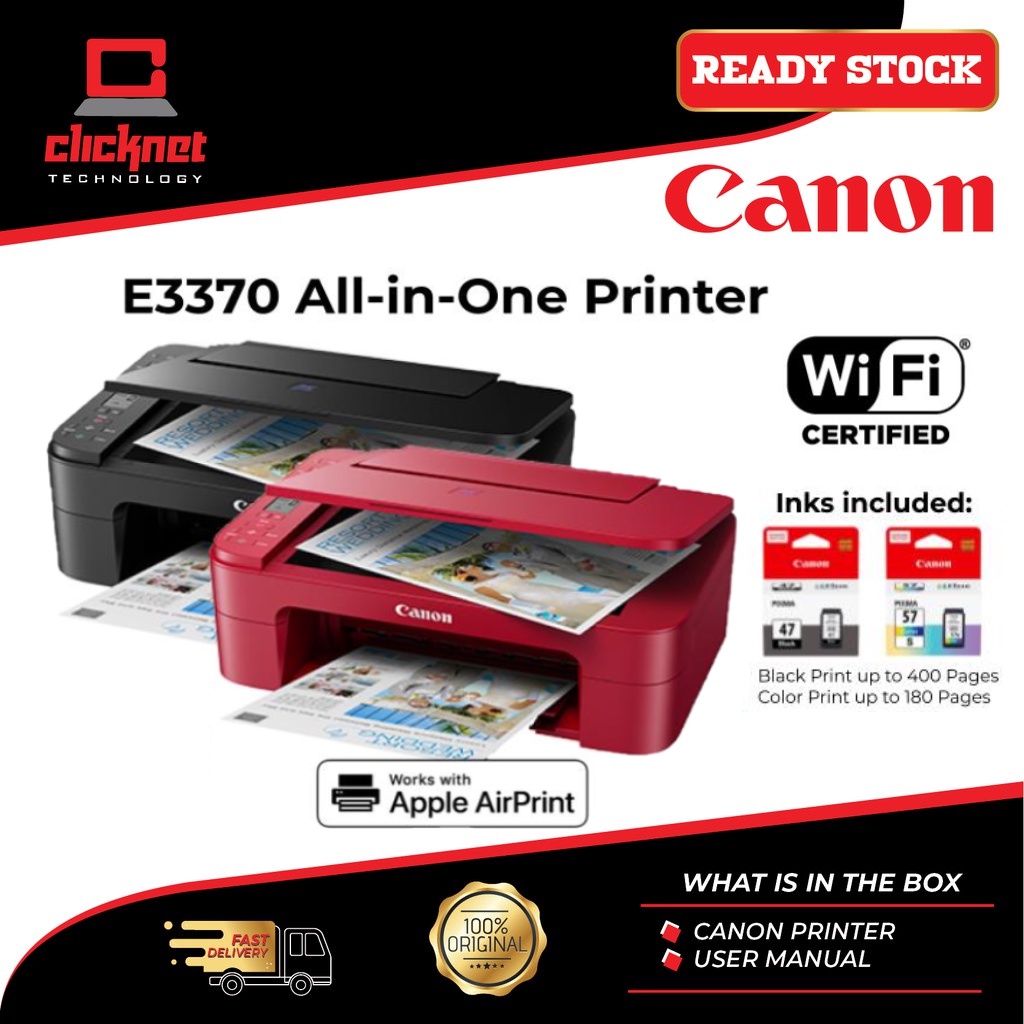 Canon Pixma E3370 Compact Wireless All In One Printer Black Red Colour Print Scan Copy 