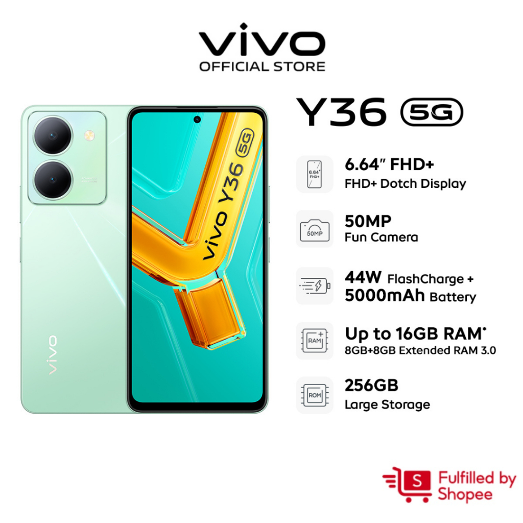 Vivo Y36 5G Smartphone, 8GB+256GB, Dimensity 6020, 6.64” FHD+ LCD  Display, 50MP Dual Rear Camera