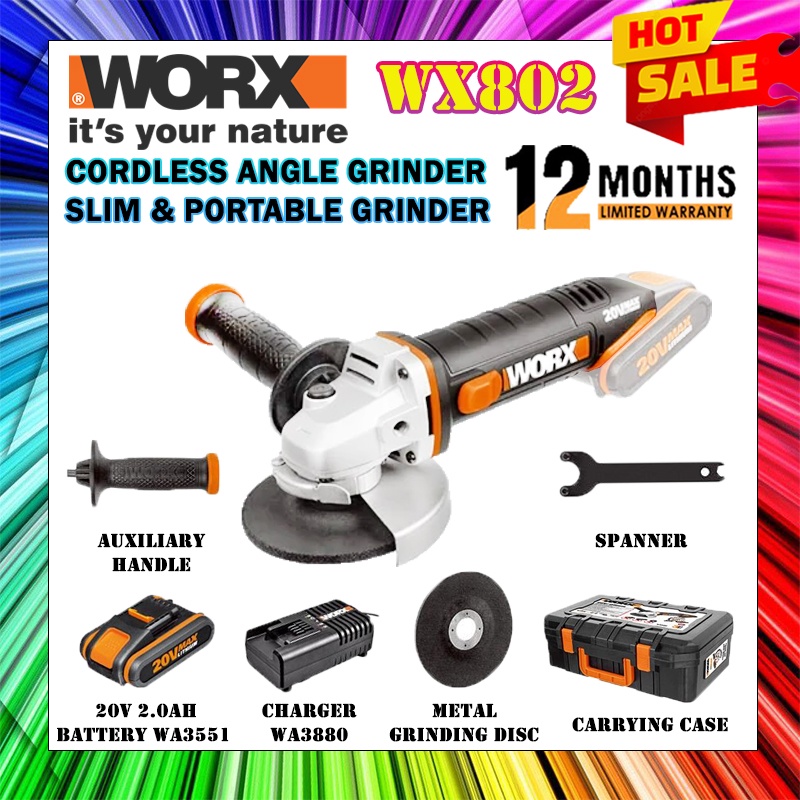 WORX WX802 20V 2.0Ah Max Lithium Ion Cordless Angle Grinder Slim and Portable Grinder