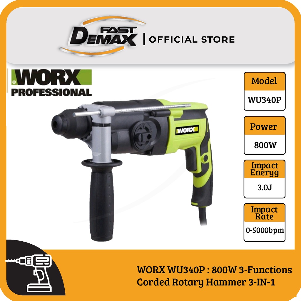 WORX WU340P : 800W 3-Functions Corded Rotary Hammer 3-IN-1 / 3-F Drill ...