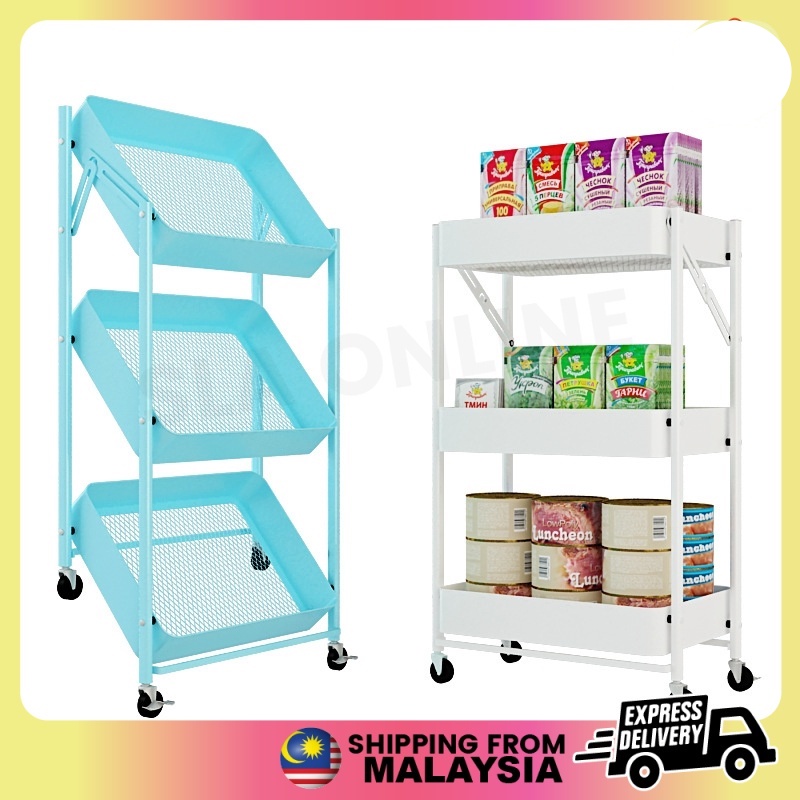 Folding 3 Layers Stroller Kitchen Saloon Bathroom Removable Storage Rack With Wheels 折叠式移动带轮储物架