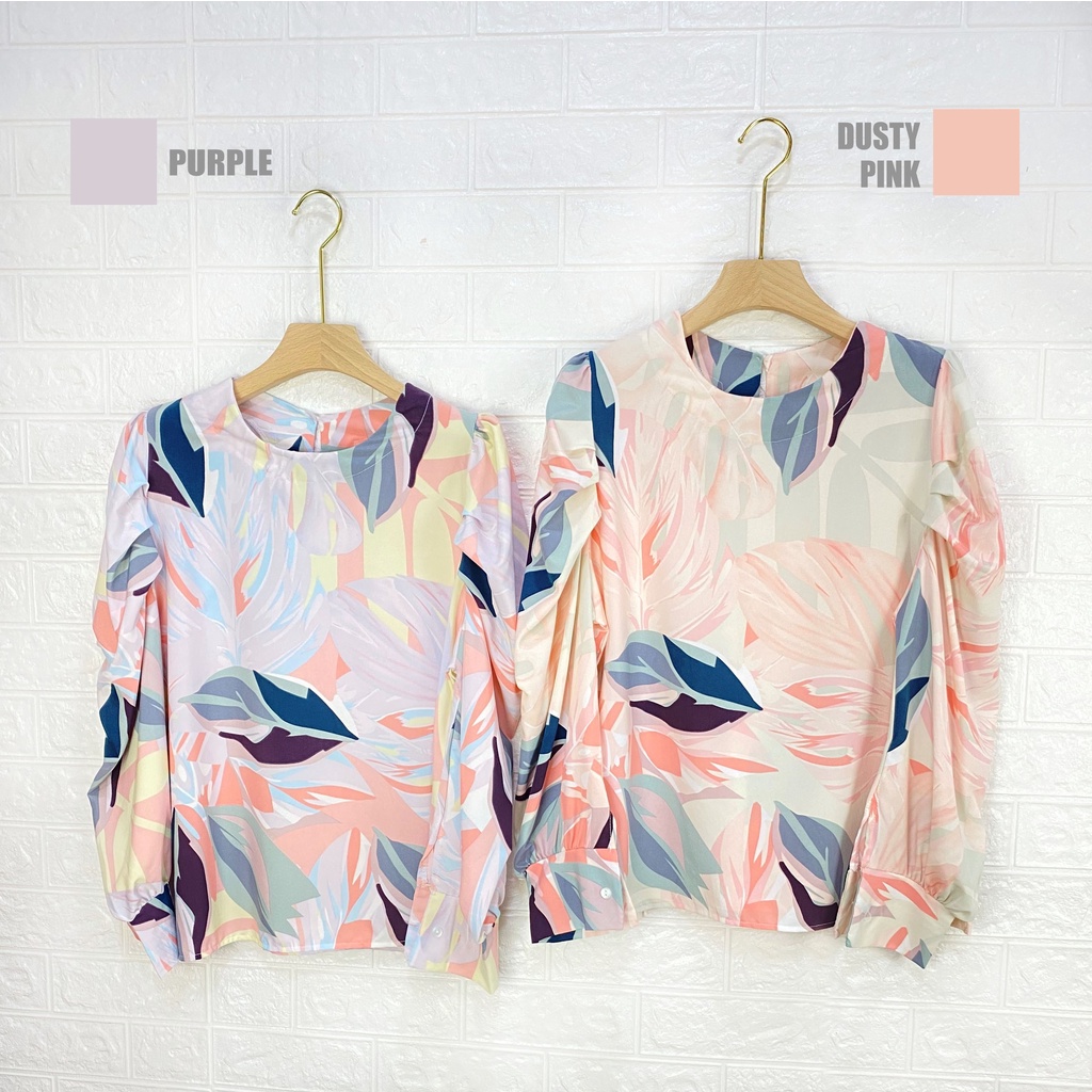 TOPS ] Bonnie Leaves Print Pattern Blouse With Back Button #U6005