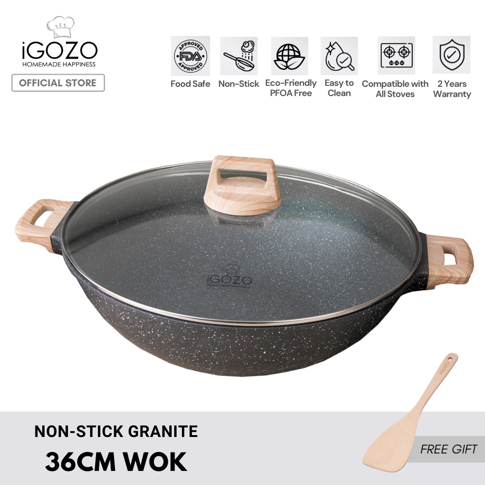 iGOZO Non Stick Granite Wok (36cm) [Free Wooden Spatula]