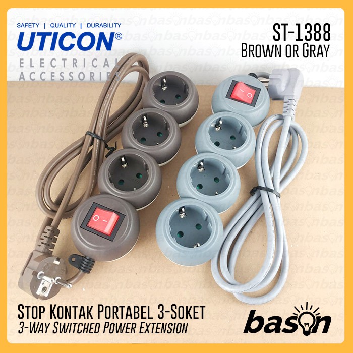 Uticon ST1388 - 3 Hole Socket + 1.5 Meter Cable - Grey or Brown ...