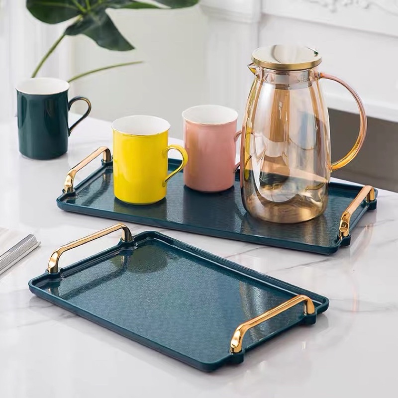 CLEARANCE] Nordic Plastic Serving Display Tray (Gold Handle) Kitchen  Supplies Cosmetic Luxury Tea Food Event Tray 摆设托盘 Black (Large)