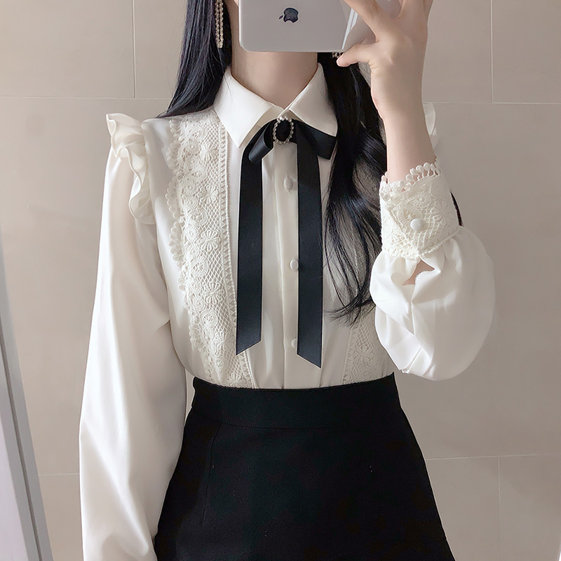 Sweet Women lace shirt Patchwork Ruffles Chiffon Tops Elegant Long ...