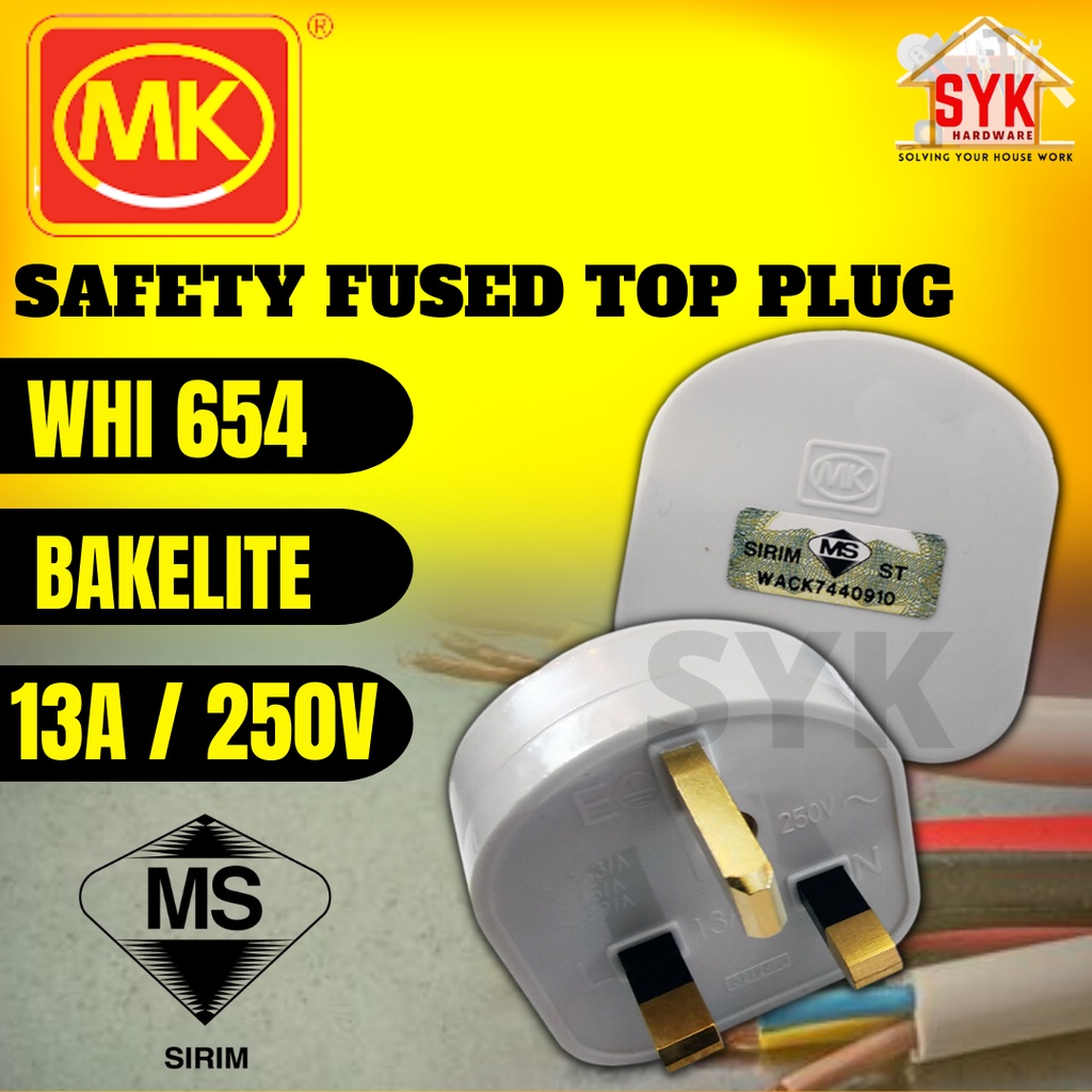 SYK MK 13Amp 250V WHI 654 3 Pin Electric Safety Fused Plug Top Rewireable UK Fuse Plug Kepala