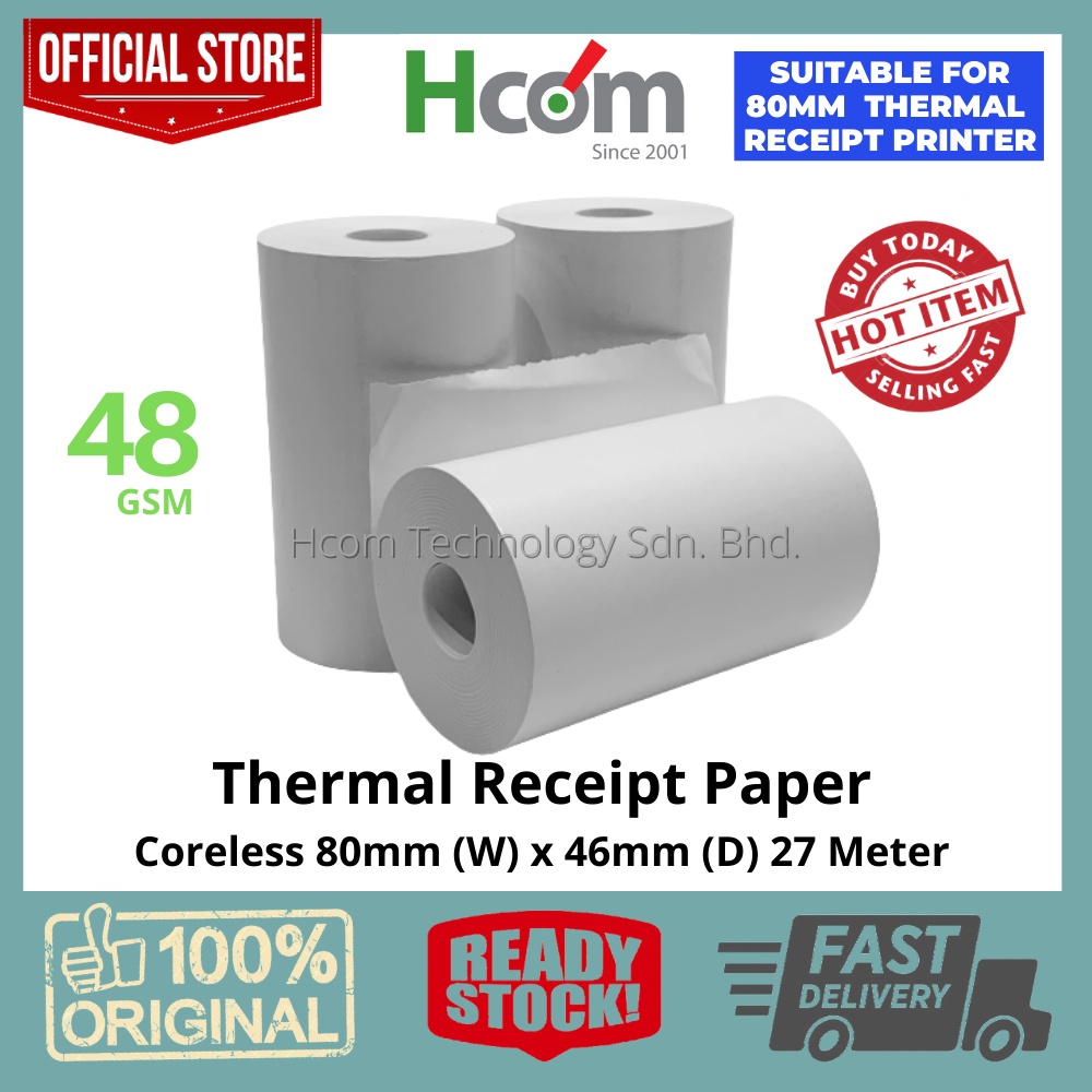 80mm (W) x 46mm (D) 27meter 48gsm Coreless Thermal Paper Roll for POS ...