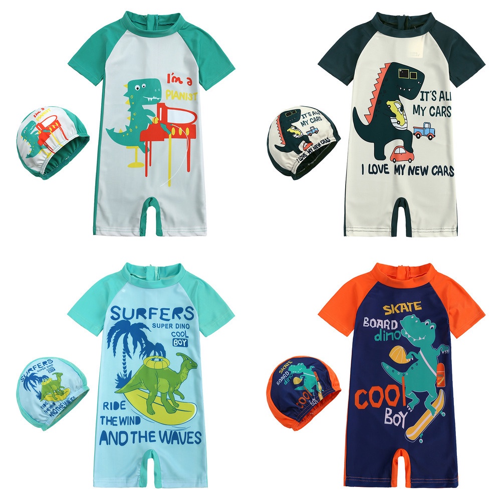 2pcs Boys Cartoon Cute Dinosaur Pattern Split Swimsuit With Hat main image 1