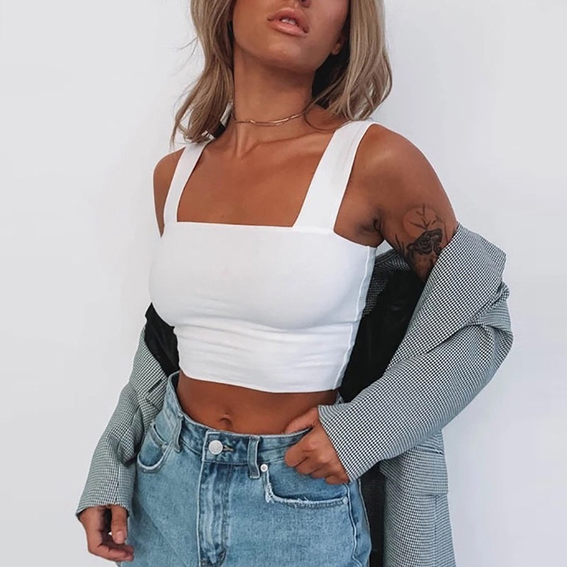 Trendy Solid Navel Shoulder Strap Square Tank Tops For Women Sleeveless ...