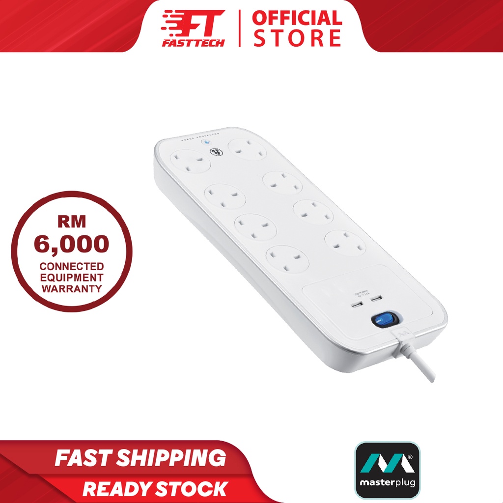 Masterplug Surge Extension Lead SRGSU83PW-MPA with 8 Sockets, 2 3.1A ...
