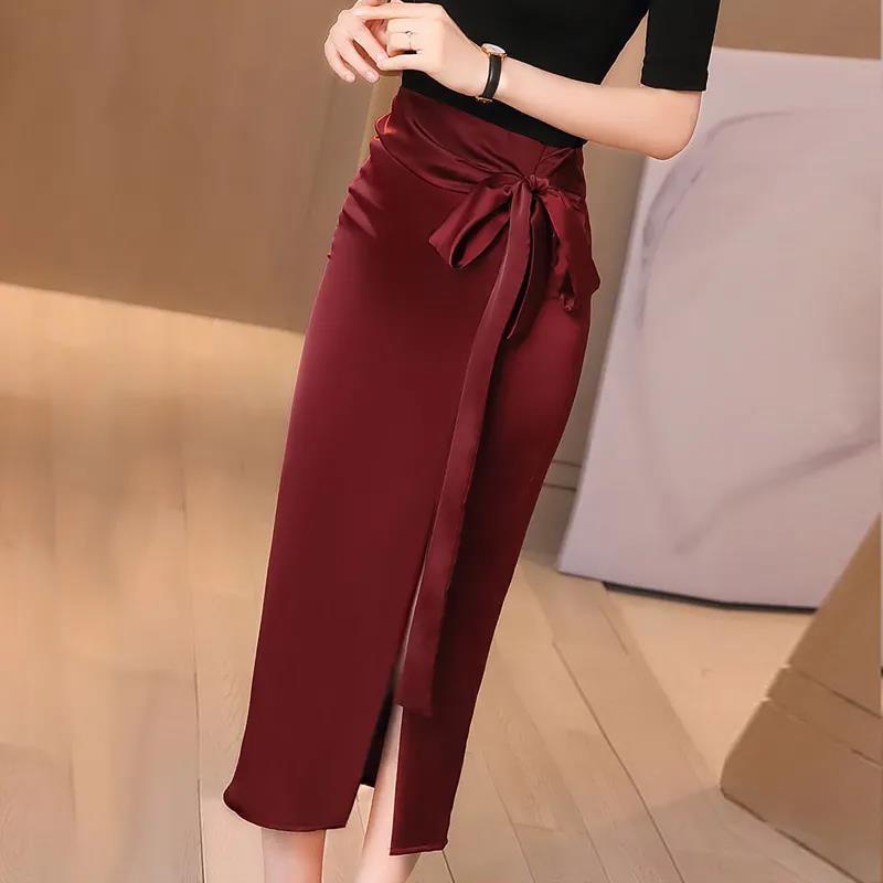 Women Acetate Satin Silk Skirt High Split Skirts With Belt Elegant Sexy Lady Wear Shopee Malaysia 8239