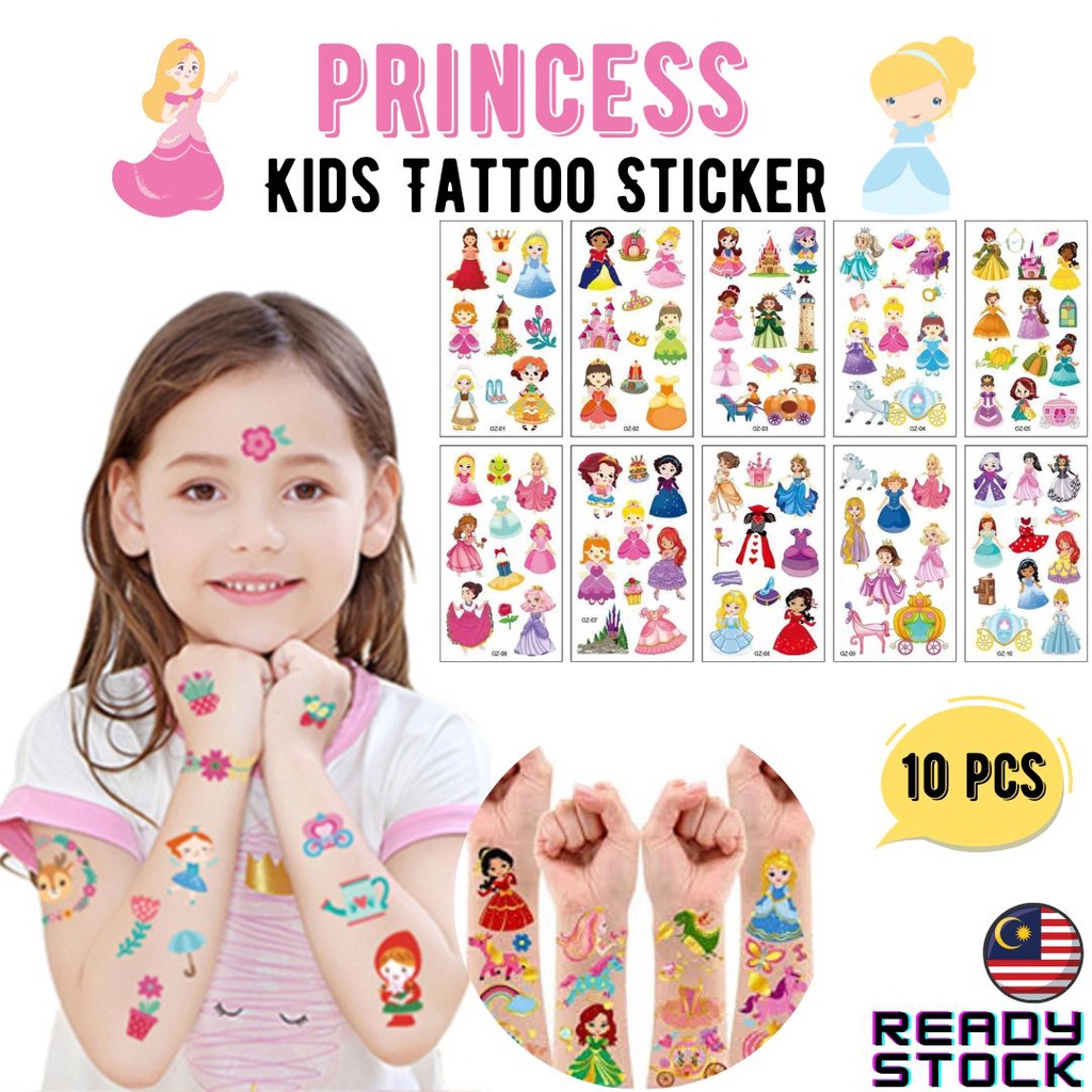 Kids Fake Tattoo Sticker For Kids (10Pcs) Princess Waterproof Tatoo ...