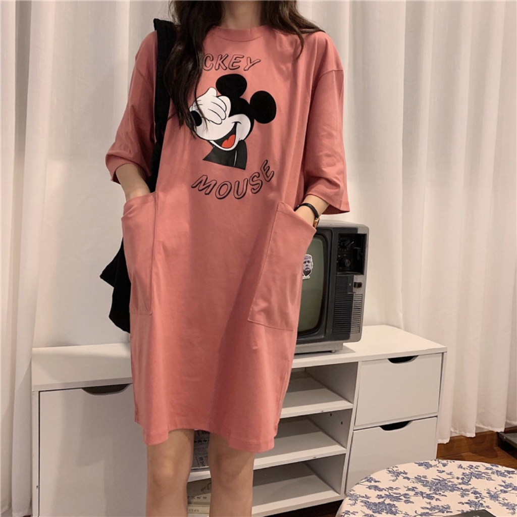 Disney Mickey Women Plus Size Oversized Round Neck Short Sleeves Dress Big  Size Medium Long Length T-shirt