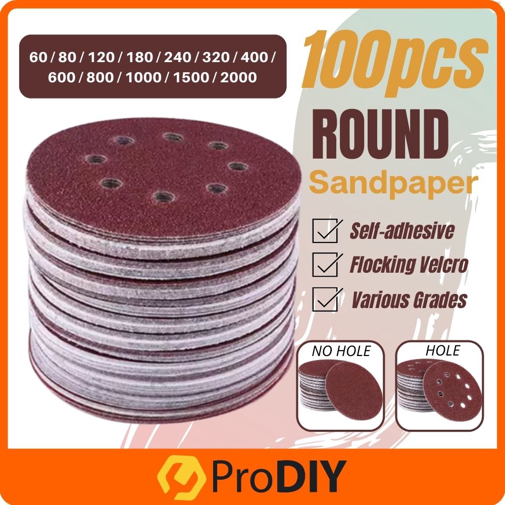 100 PCS 5 inch Round Sandpaper Various Grades Selfadhesive Flocking