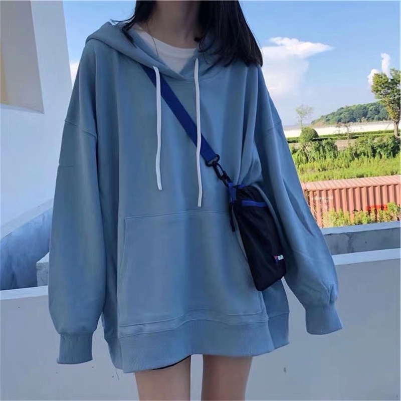 Korean Style Women Pure Color Leisure Long Sleeve Oversized Hooded Sweater Loose Hoodies Ready Stock New