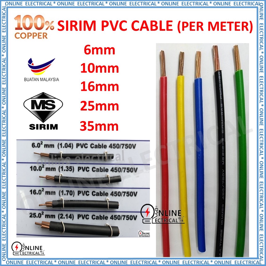 1 METER SIRIM 6mm/10mm/16mm/25mm/35mm PVC CABLE