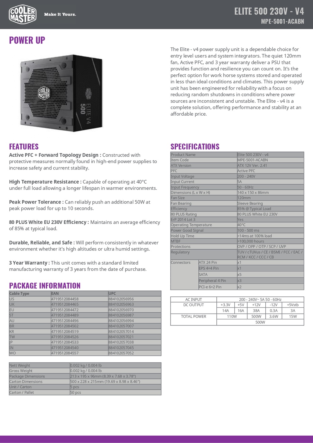 COOLER MASTER ELITE V4 80 PLUS WHITE 500W / 600W - 230V POWER SUPPLY ...