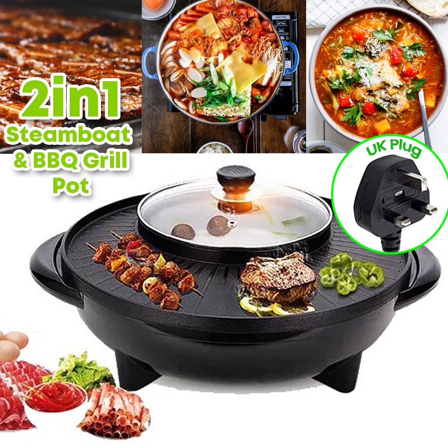 Smokeless Electric Grill and Hot Pot Combo Detachable Cooking Pan Non-Stick  BBQ Griddle and Shabu Shabu Pot Maifan Stone Coated