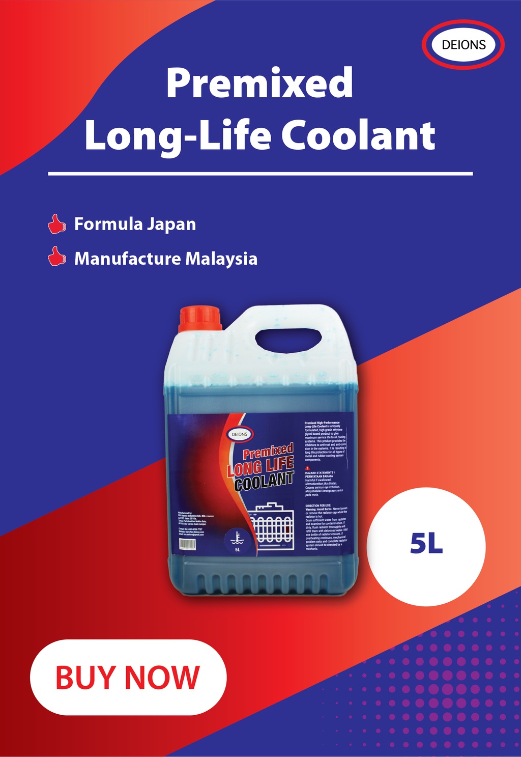[Car Care Essential] Deions Premixed LongLife Coolant (5L) 50/50 (No