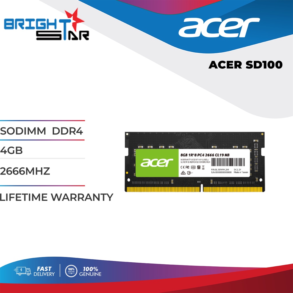 ACER SD100 / SODIMM / DDR4 / 4GB / 2666MHZ / LIFETIME WARRANTY ...
