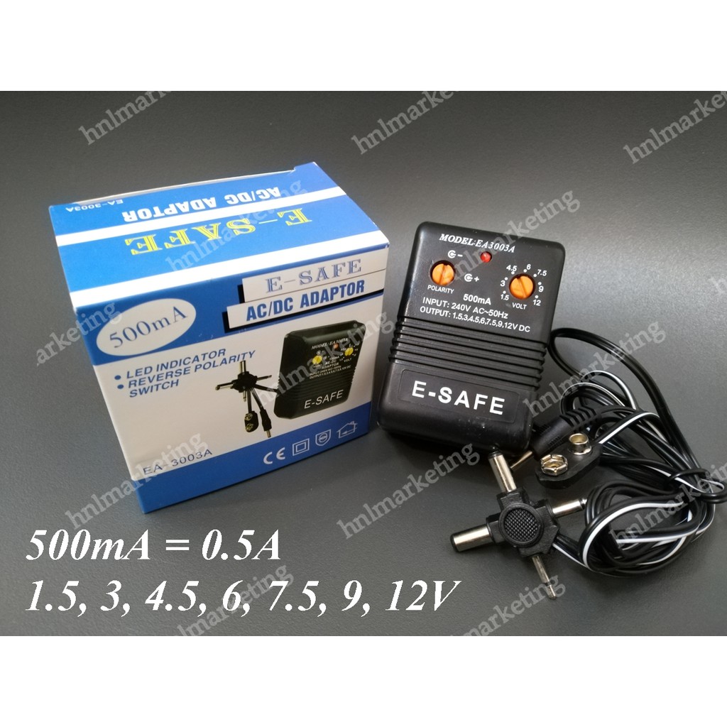 E SAFE UNIVERSAL AC DC ADAPTOR 500mA 1.5V 3V 4.5V 6V 7.5V 9V 12V ...