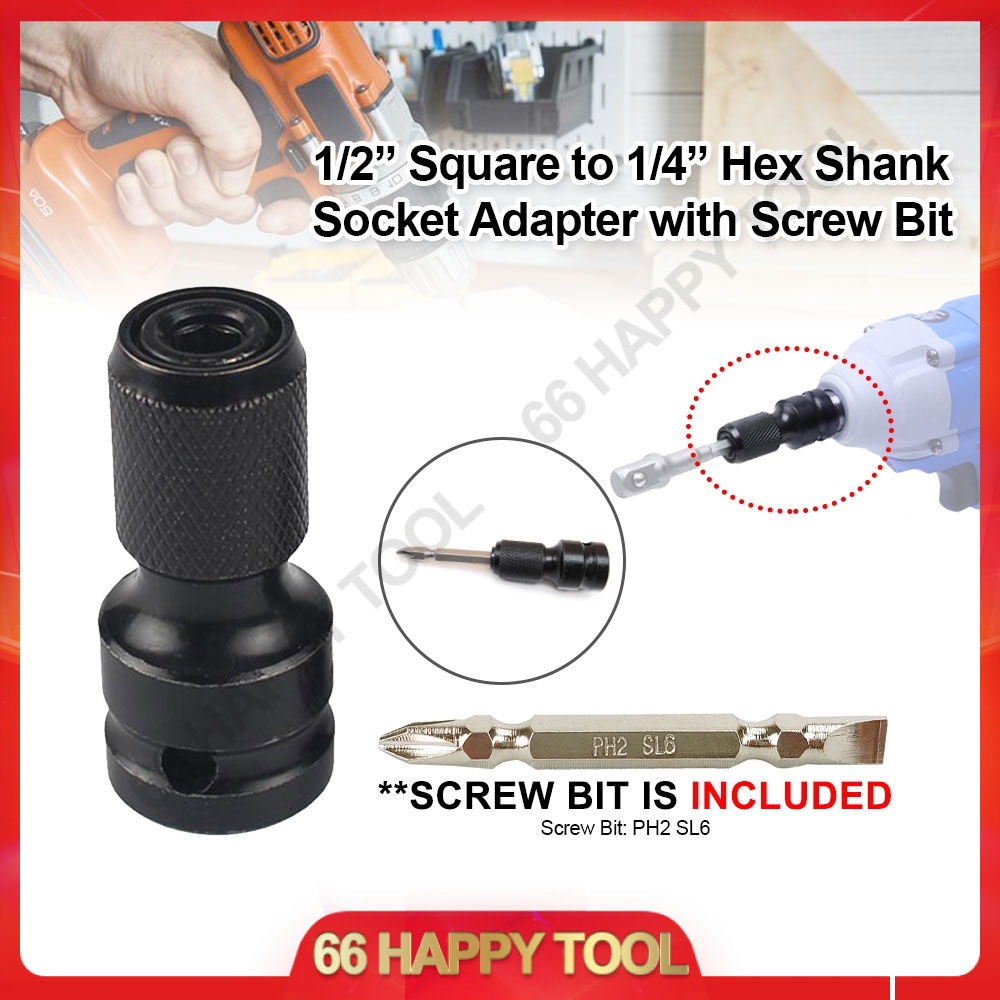 1/2" Square to 1/4" Hex Shank Quick Release Socket Adapter with