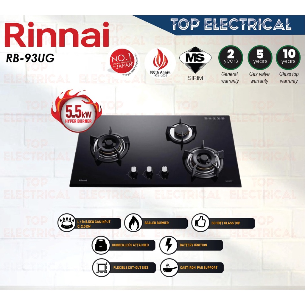 RINNAI 3-HYPER BURNER BUILT-IN GAS HOB / RB-93UG / 3 BURNER GAS STOVE ...
