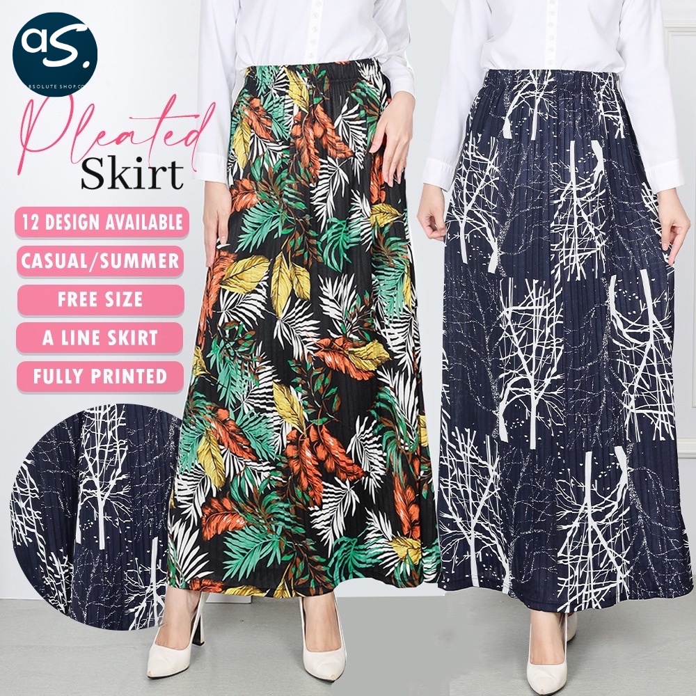 Pleated Skirt Corak Free Size High Waist A Line Skirt Labuh Muslimah ...