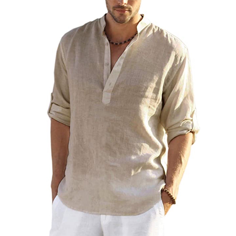New Men's Casual Cotton Linen Shirt Loose Long Sleeve Tee Shirt Spring ...