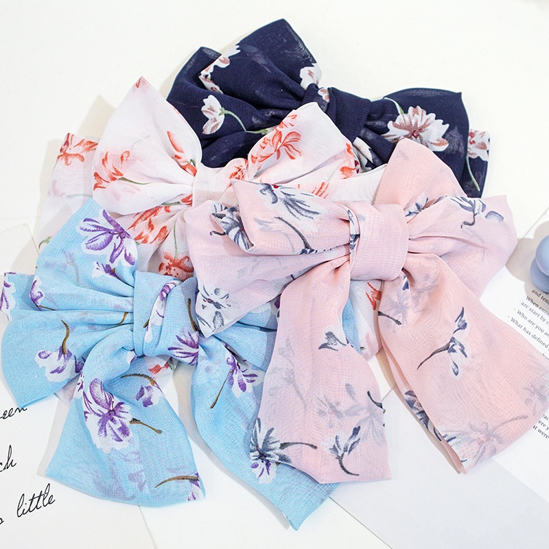 Korea's new double bow hairpin Korean version cute chiffon print spring ...