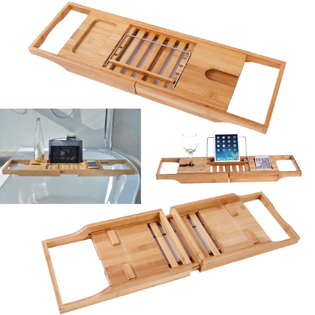 Bathtub Caddy Bamboo Bath Tub Holder Bathroom Tray Glass Book Reading Rack Stand Shopee Malaysia