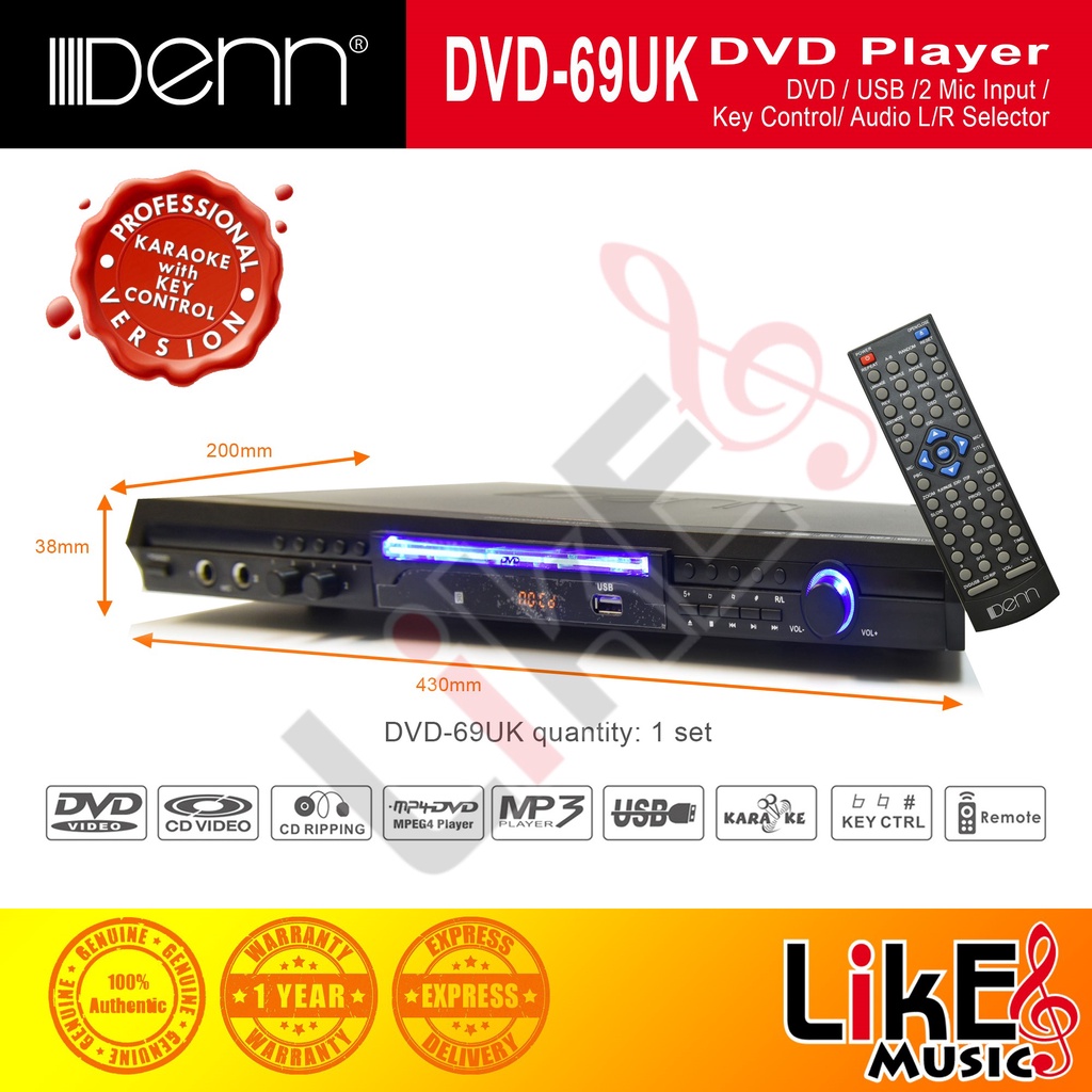 Denn Karaoke DVD Player ( With Mic Input & Key Control ) DVD-68UK – GW  ELECTRIC SDN BHD